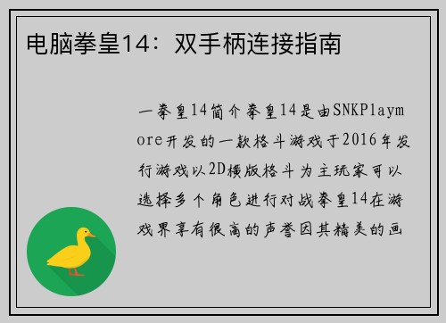 电脑拳皇14：双手柄连接指南