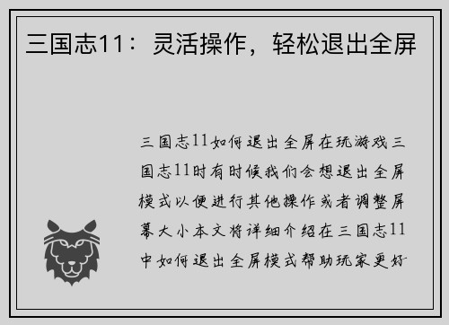 三国志11：灵活操作，轻松退出全屏