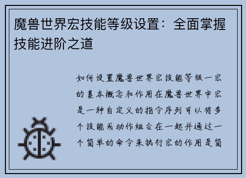 魔兽世界宏技能等级设置：全面掌握技能进阶之道